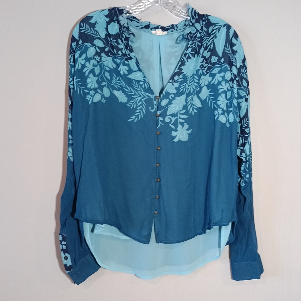 Pilcro Anthropologie Blue Floral Button Down Blouse Lined size M